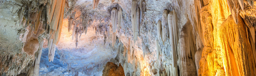 Illuminated limestone formations inside Fantastic Caverns near Springfield, Missouri